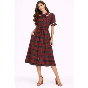 1970s Unbranded Plaid Prairie Midi Dress with Lace & Neck Tie medium